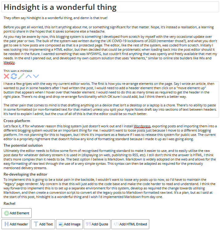 A screenshot of the blogging system editor as of December 2024