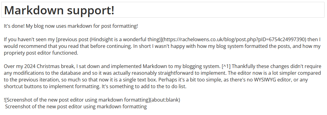Screenshot of the new post editor using markdown formatting (it&apos;s just text boxes!)