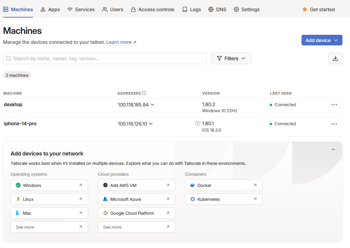 Tailscale admin console