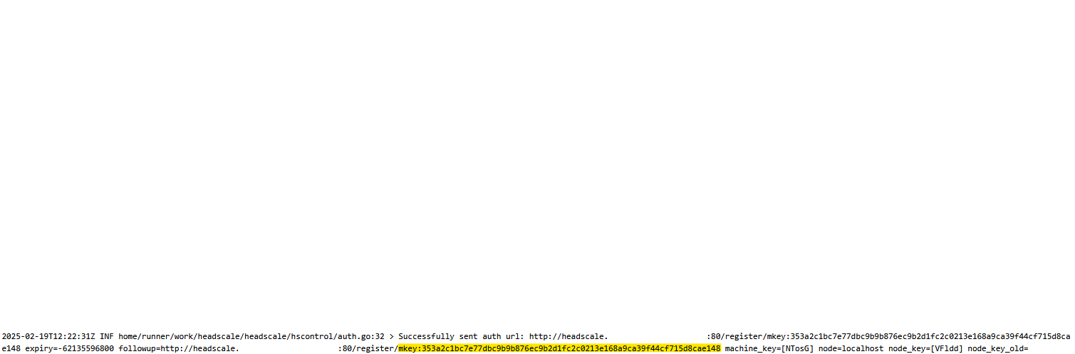 You can find the Machine Key for newly connecting devices in the Headscale Docker container logs