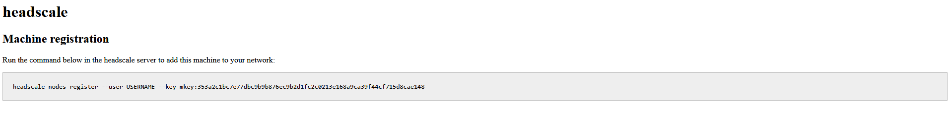 The Headscale machine registration page
