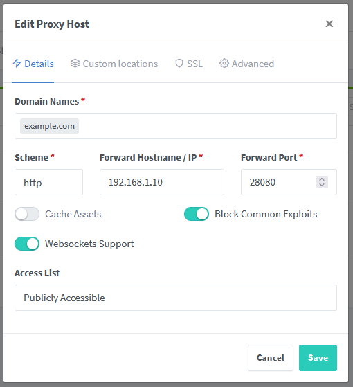 Setting up Nginx Reverse Proxy, the details tab