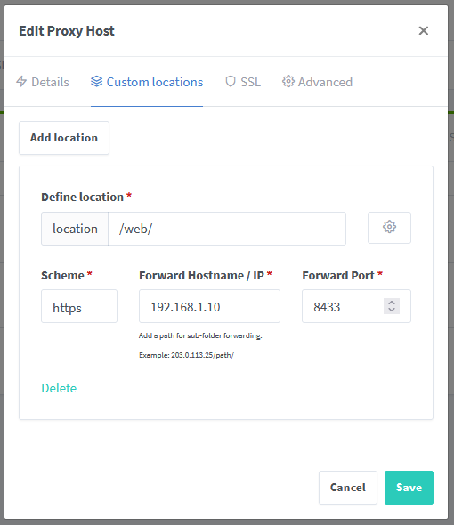 Setting up Nginx Reverse Proxy, the Custom Locations tab