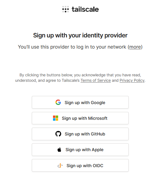 Tailscale sign up using identity providers