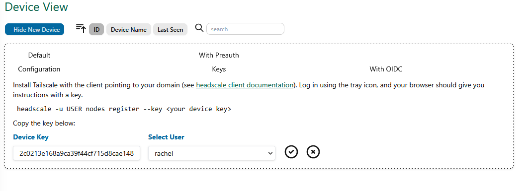 The Headscale UI device view tab, adding a machine